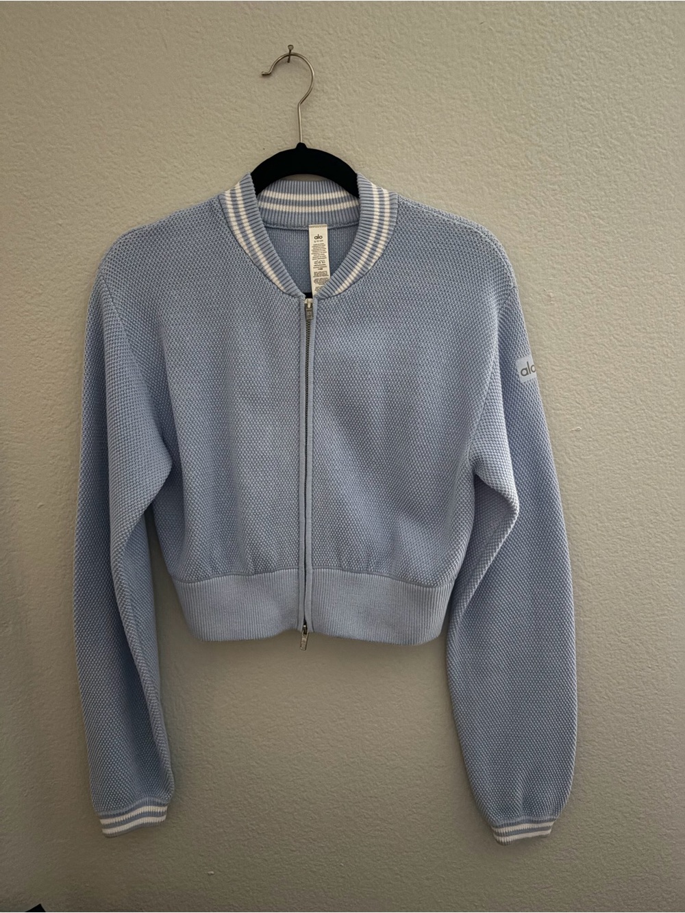 ALO Yoga Powder Blue Knit Jacket with white stripes